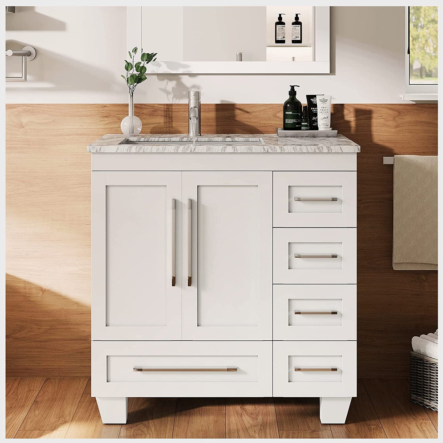 Eviva Loon 30" White Transitional Bathroom Vanity with White Carrara Marble Countertop & Long Handles