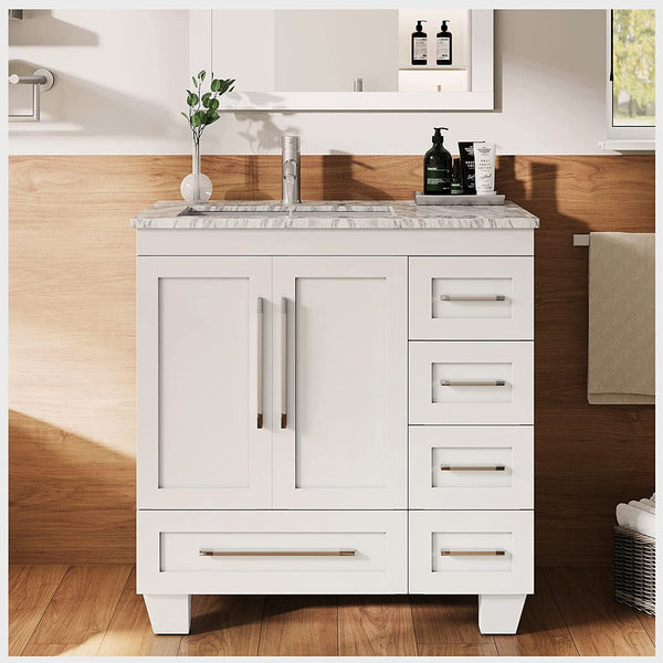 Eviva Loon 30 White Transitional Bathroom Vanity with White Carrara Marble Countertop & Long Handles