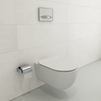 BOCCHI VETTORE Soft-Close Toilet Seat in matte white mounted on a modern wall-hung toilet in a minimalist bathroom setting.