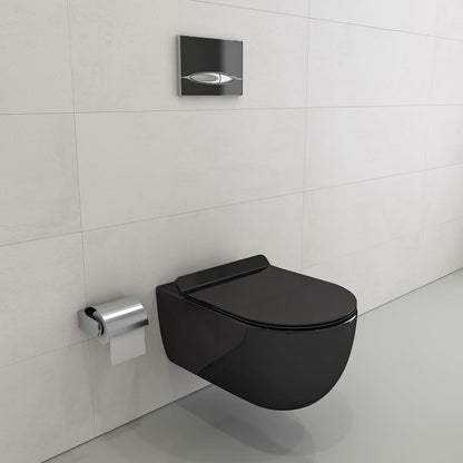 Ultra-slim BOCCHI VETTORE Soft-Close Toilet Seat in black, complementing modern wall-hung toilet design.