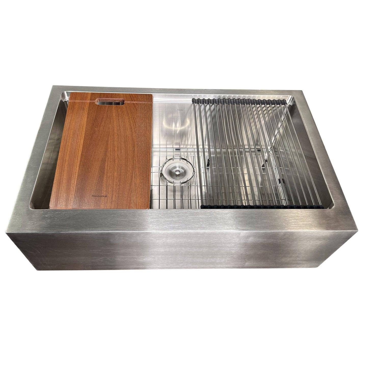 Nantucket 33" Pro Series Single Bowl Apron Front Stainless Steel Kitchen Sink - AP-PS-3221-16 with wooden cutting board and drying rack