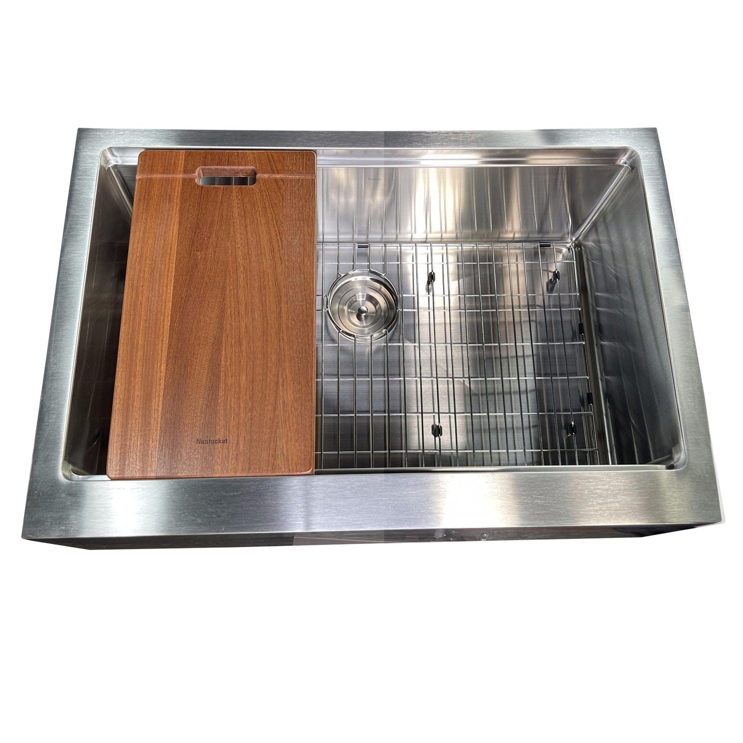 Nantucket 33" Pro Series Single Bowl Apron Front Stainless Steel Kitchen Sink - AP-PS-3221-16 with wood cutting board.