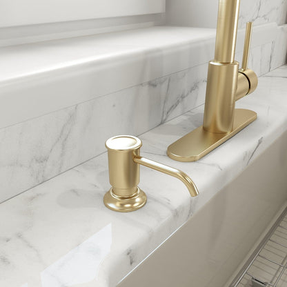 BOCCHI LESINA 2.0 Kitchen Soap Dispenser in a golden finish on a marble countertop.