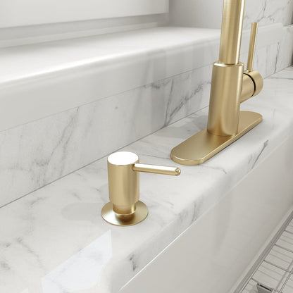BOCCHI TRONTO 2.0 Kitchen Soap Dispenser in elegant gold finish on a marble countertop.