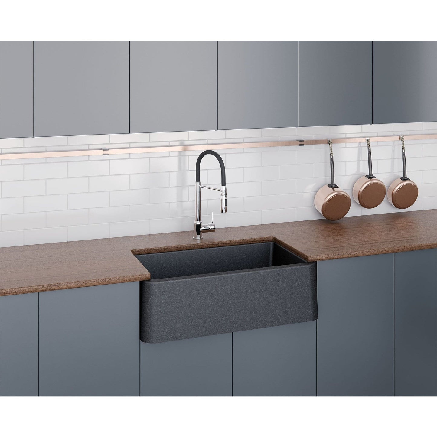 LaToscana Marmorin Series 30" Farmhouse Kitchen Sink front view with modern faucet and wooden countertop.