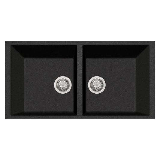 LaToscana Elegance Series 34" Undermount Double Bowl Kitchen Sink front view in sleek black finish