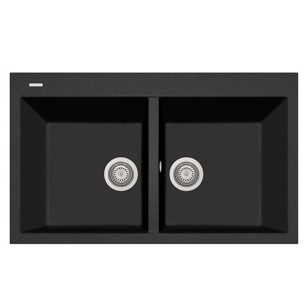 LaToscana Plados 34" Drop-In Double Bowl Kitchen Sink in Black Metallic, front view showcasing two equal bowls.