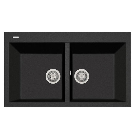 LaToscana Plados 34" Drop-In Double Bowl Kitchen Sink in Black Metallic, front view showcasing two equal bowls.