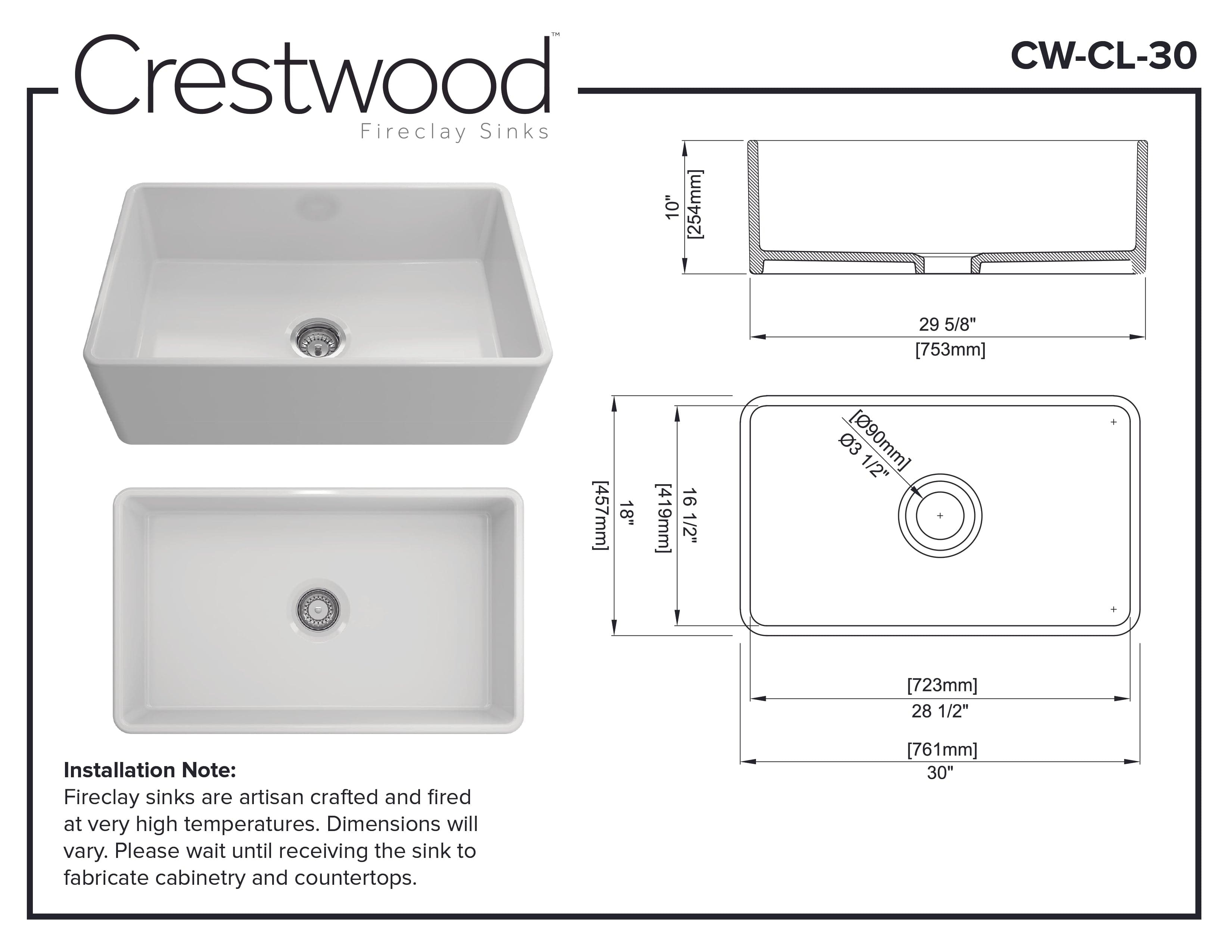 Crestwood 30" Classic Single Bowl Fireclay Sink