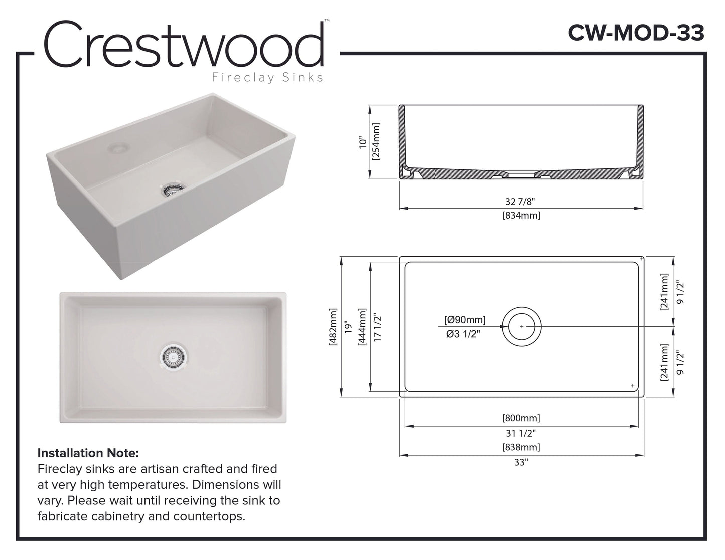 Crestwood 33" Modern Single Bowl Fireclay Sink