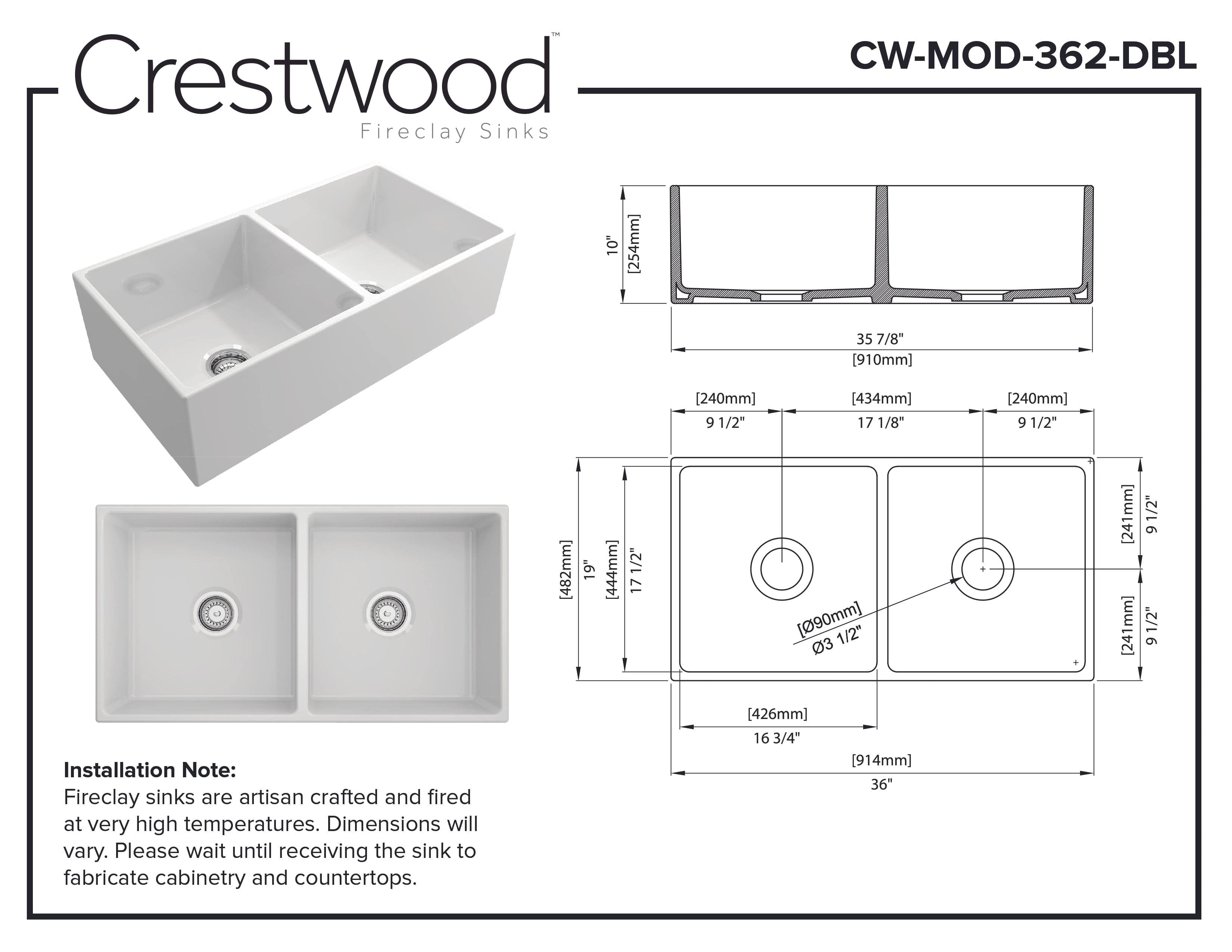 Crestwood 36" Modern Double Bowl Fireclay Sink