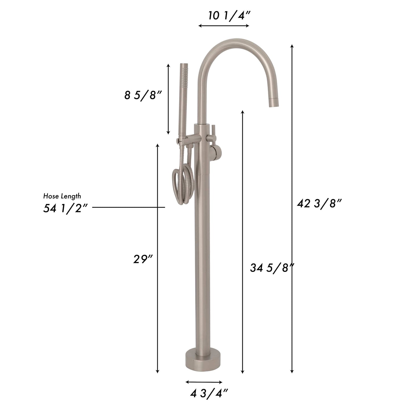 ZLINE Emerald Bay Bath Tub Filler with measurements, showcasing luxury design and functionality.