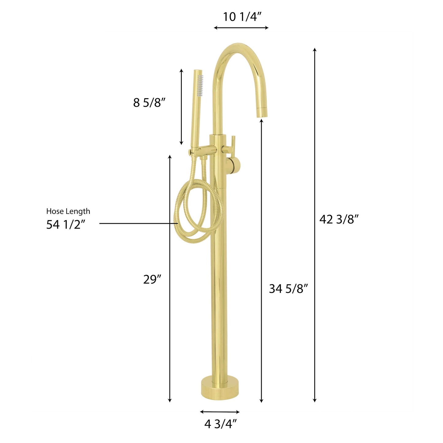 ZLINE Emerald Bay Bath Tub Filler dimensions including height, length, and hose length for luxury bathroom design.