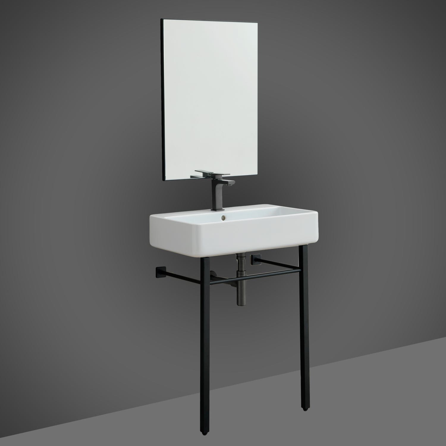 EVIVA Eliza 26" Italian Ceramic Console Sink with Brass Stand and Matte Black Legs and Towel Rail