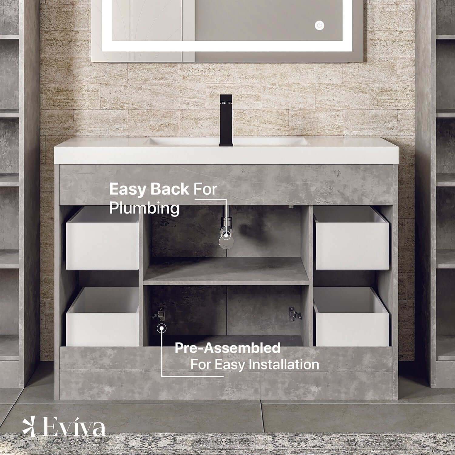 Eviva Lugano 42" Cement Gray Modern Bathroom Vanity with White Integrated Top