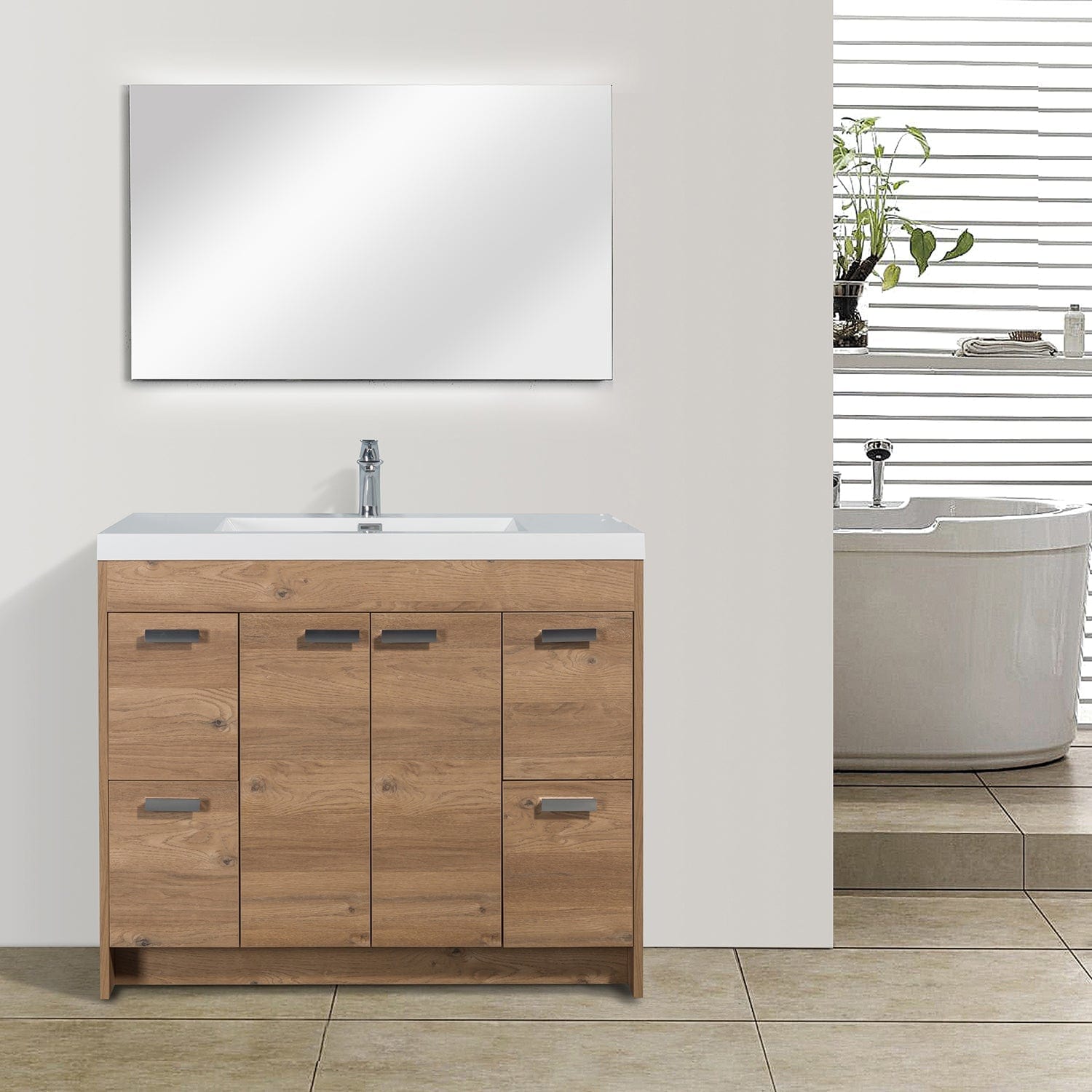Eviva Lugano 42" Natural Oak Modern Bathroom Vanity with White Integrated Top