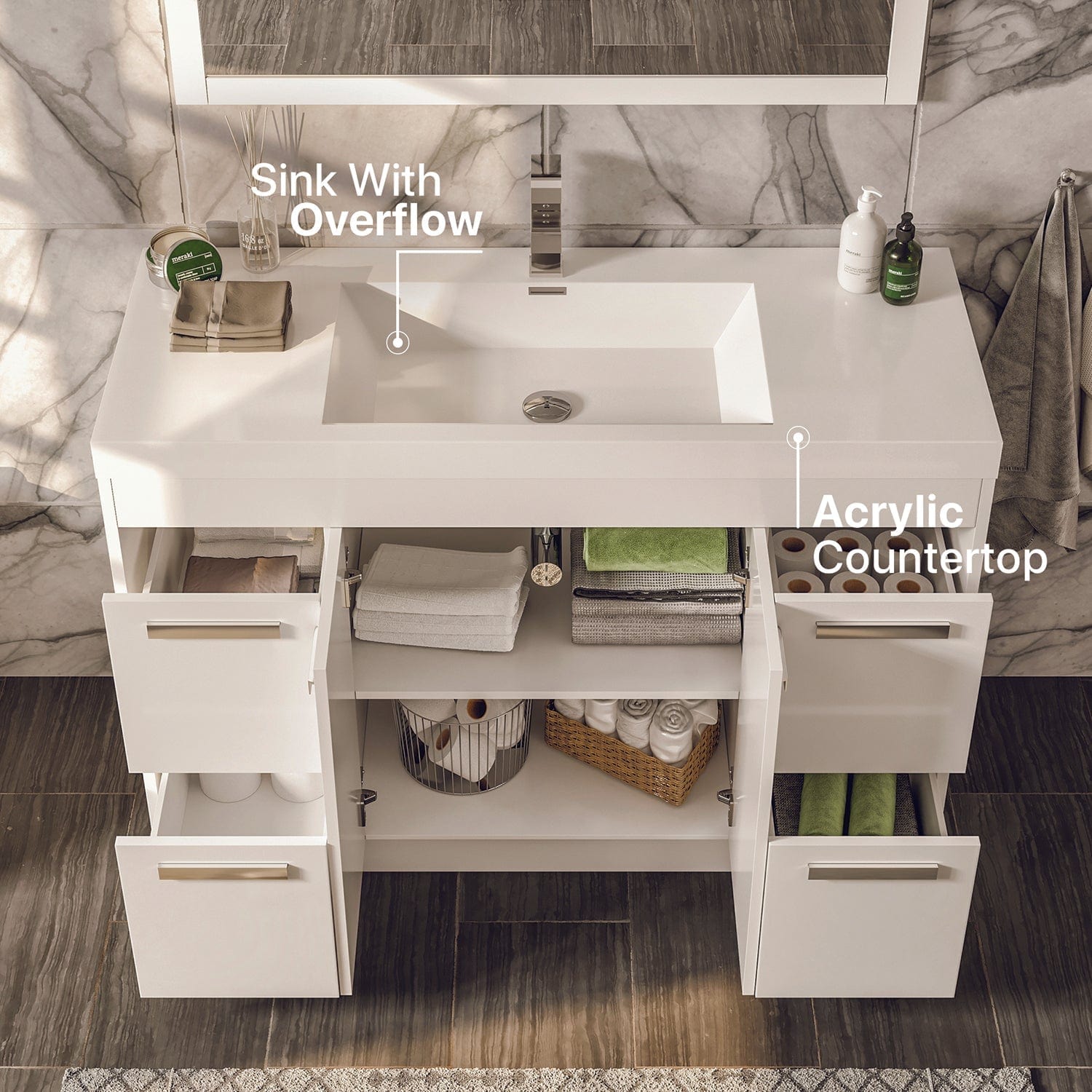 Eviva Lugano 42" White Modern Bathroom Vanity w/ith White Integrated Top