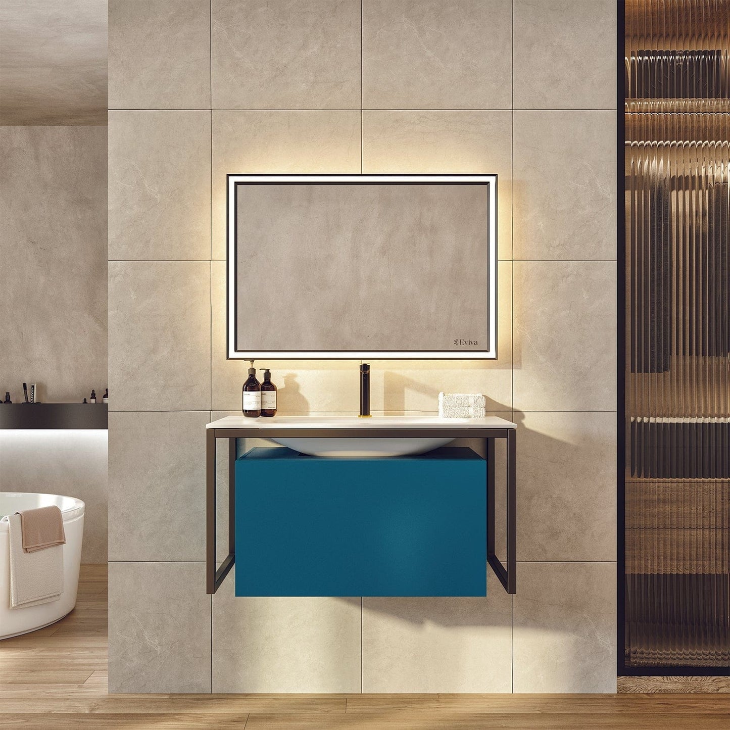 Eviva Modena 32" Wall Mounted Teal Bathroom Vanity with White Integrated Solid Surface Countertop