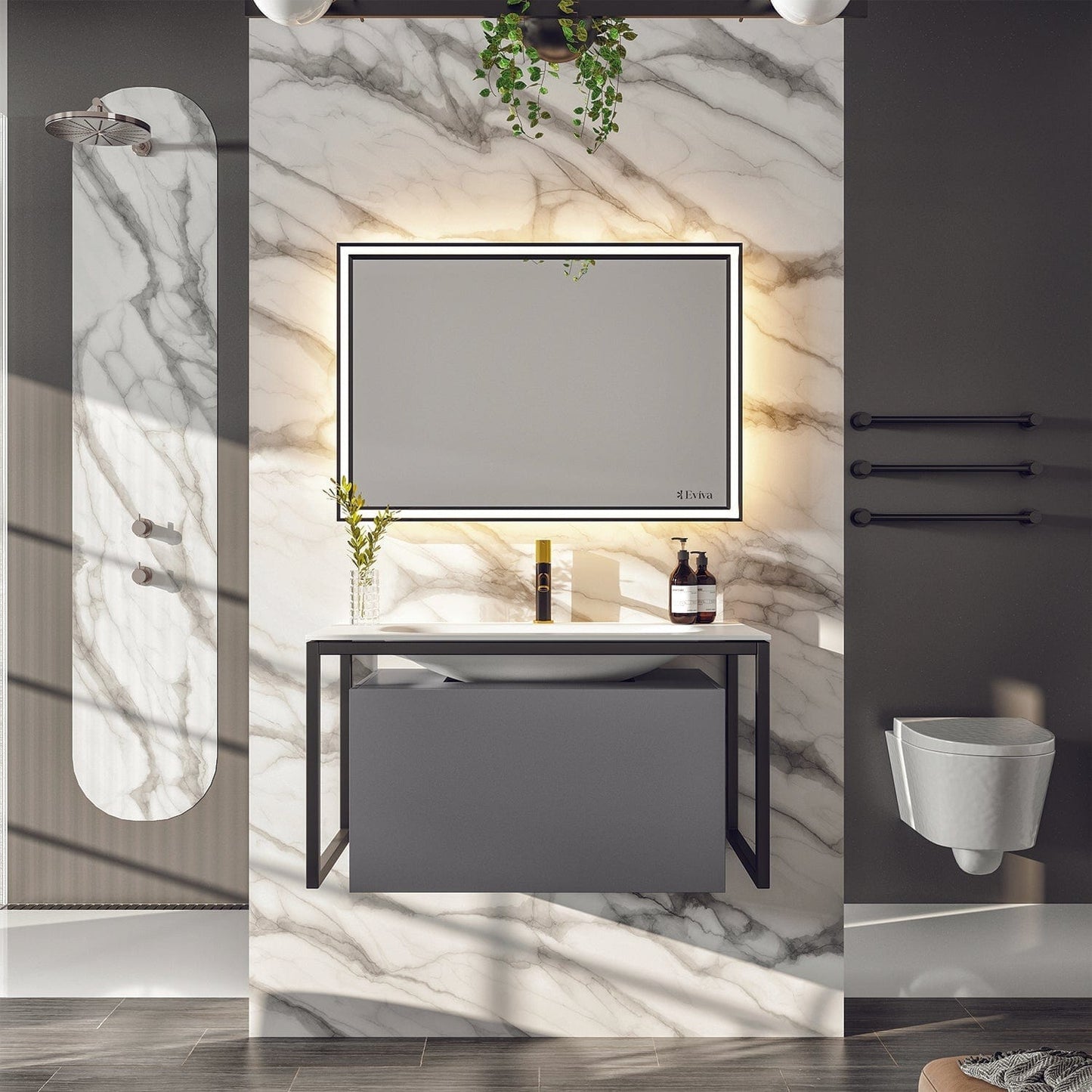 Eviva Modena 32" Wall Mounted Gray Bathroom Vanity with White Integrated Solid Surface Countertop