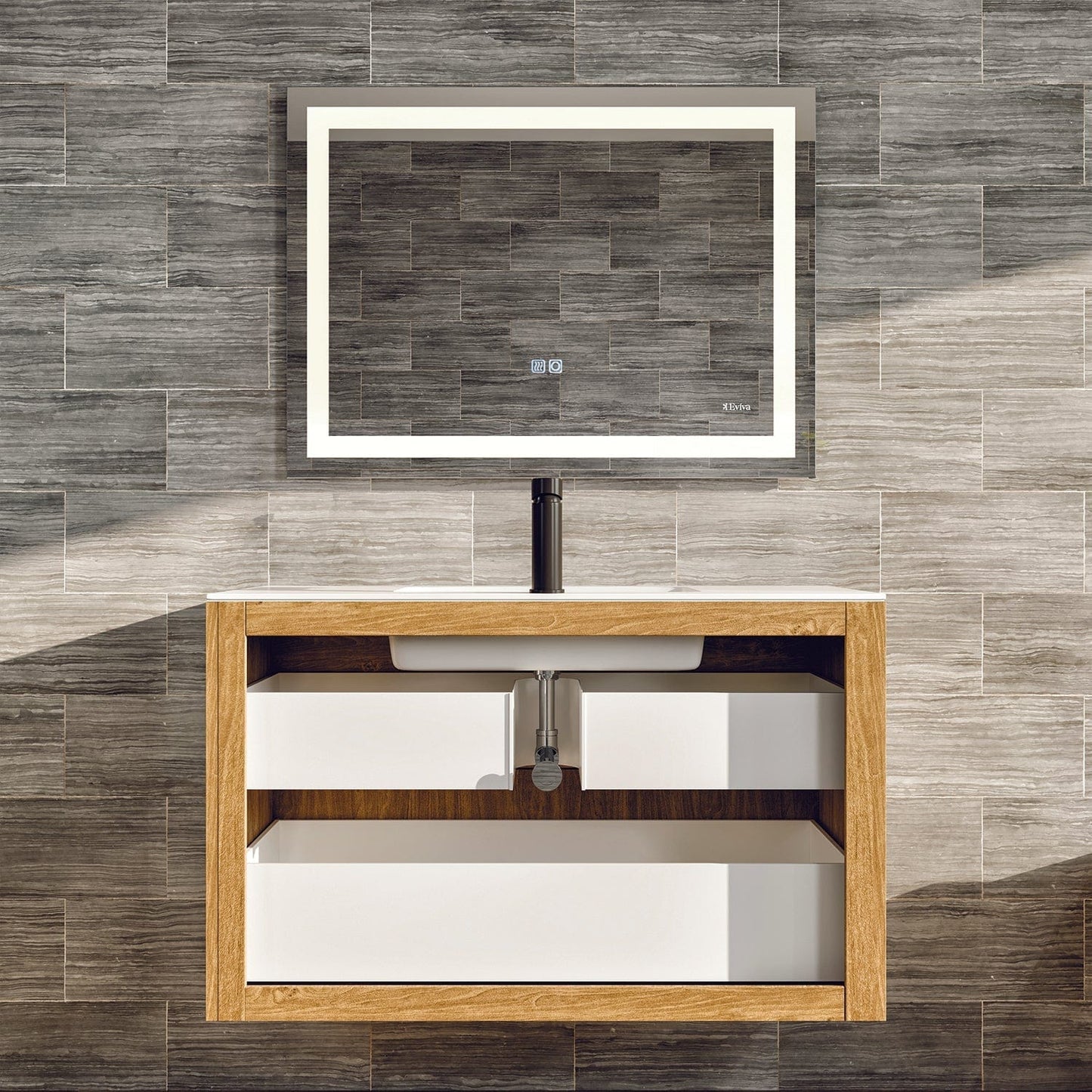 Eviva Mosaic 33" Wall Mounted Oak Bathroom Vanity with White Integrated Solid Surface Countertop