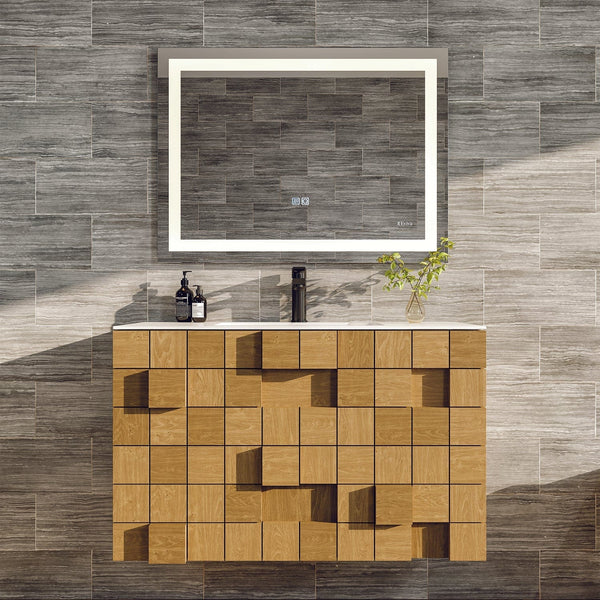 Eviva Mosaic 33 Wall Mounted Oak Bathroom Vanity with White Integrated Solid Surface Countertop