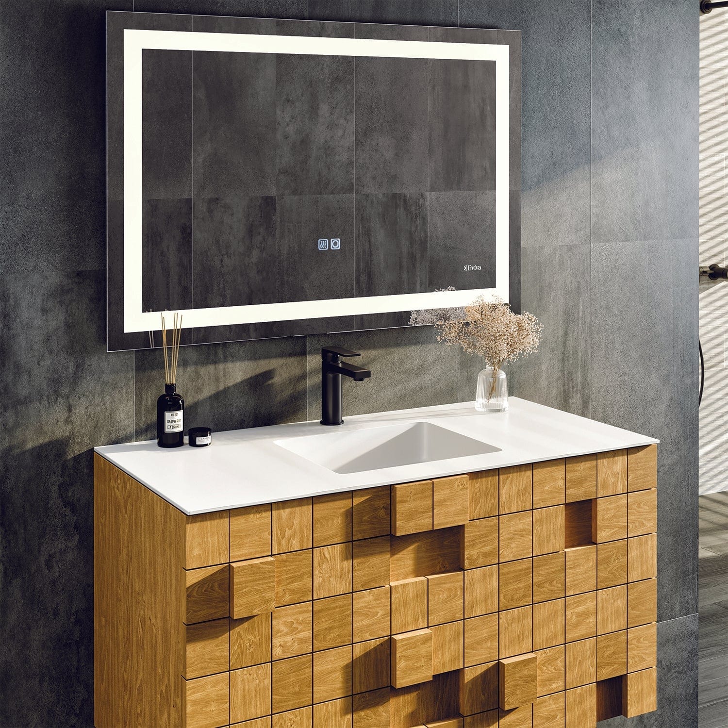 Eviva Mosaic 36" Wall Mounted Oak Bathroom Vanity with White Integrated Solid Surface Countertop