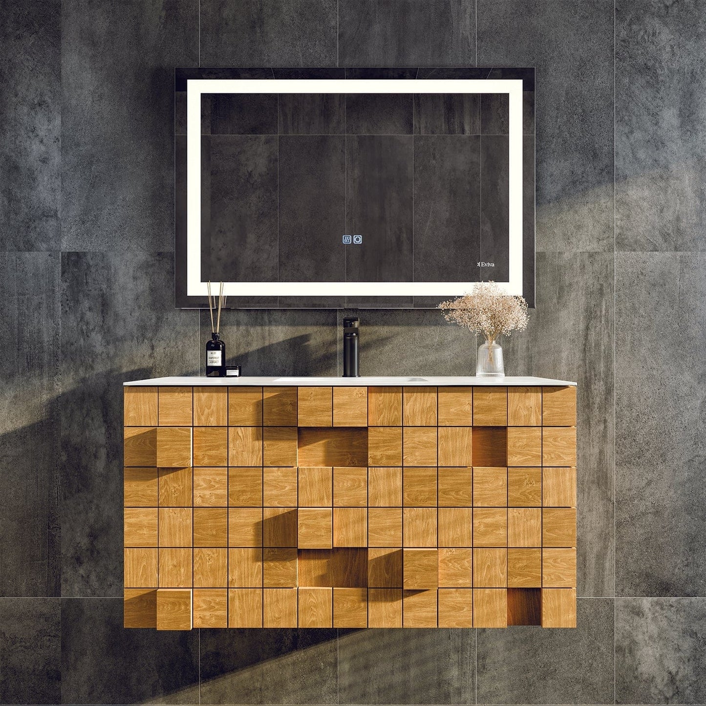 Eviva Mosaic 36" Wall Mounted Oak Bathroom Vanity with White Integrated Solid Surface Countertop