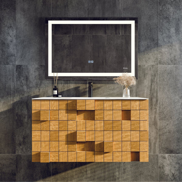 Eviva Mosaic 36 Wall Mounted Oak Bathroom Vanity with White Integrated Solid Surface Countertop