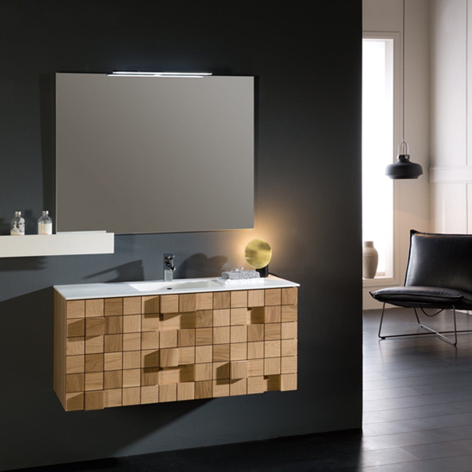 Eviva Mosaic 48" Wall Mounted Oak Bathroom Vanity with White Integrated Solid Surface Countertop