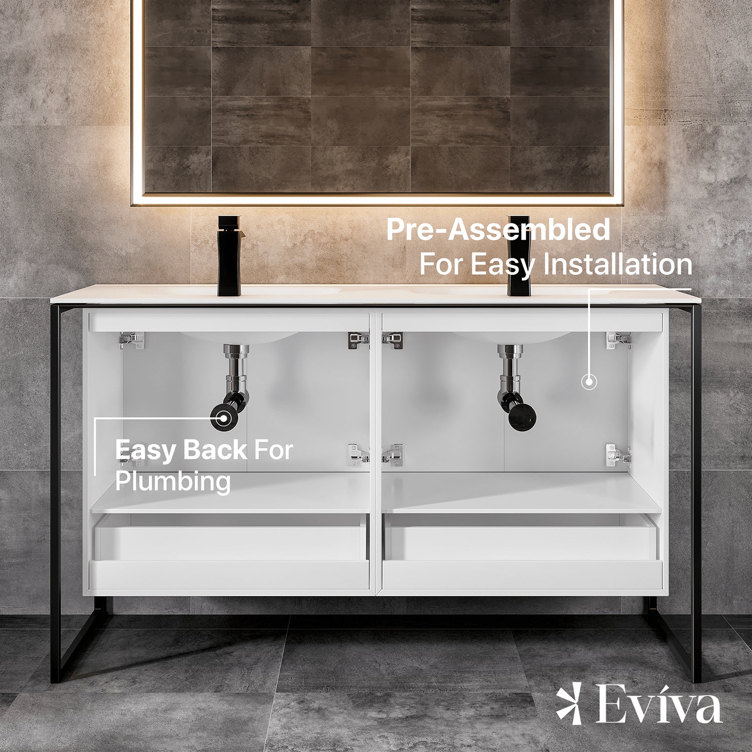 EVIVA Moma 48" White Double Sink Bathroom Vanity with Black Metallic Legs