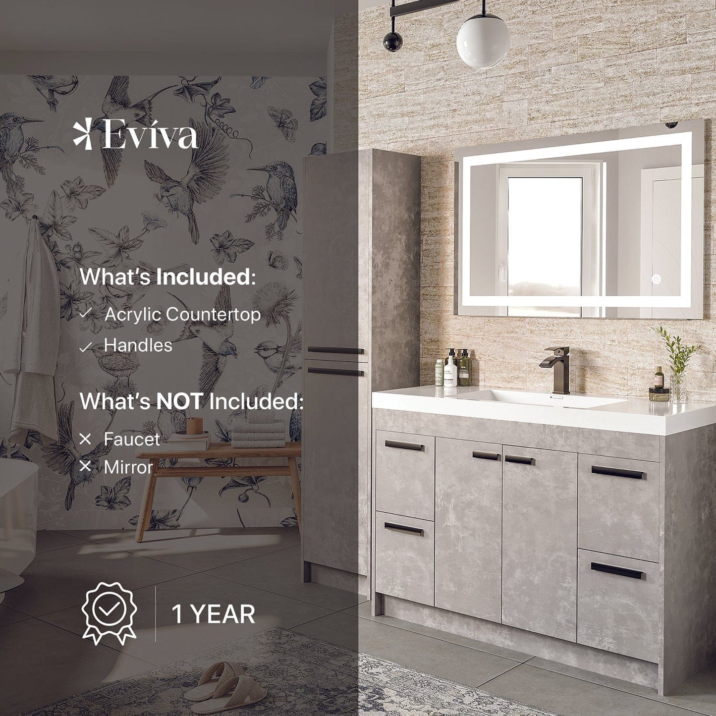 Eviva Lugano 48" Cement Gray Modern Bathroom Vanity with White Integrated Top