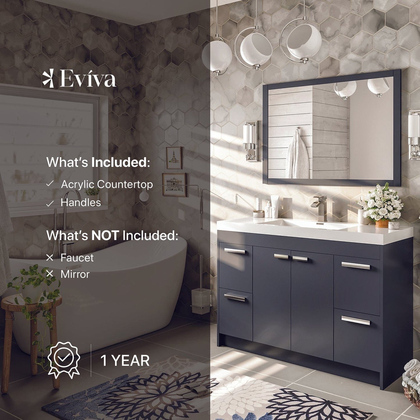 Eviva Lugano 48" Gray Modern Bathroom Vanity with White Integrated Top