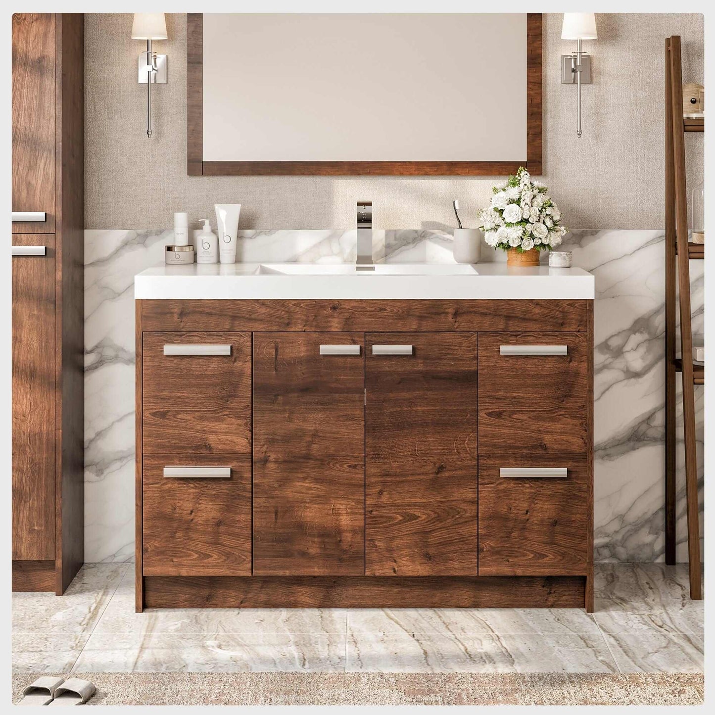 Eviva Lugano 48" Rosewood Modern Bathroom Vanity with White Integrated Top