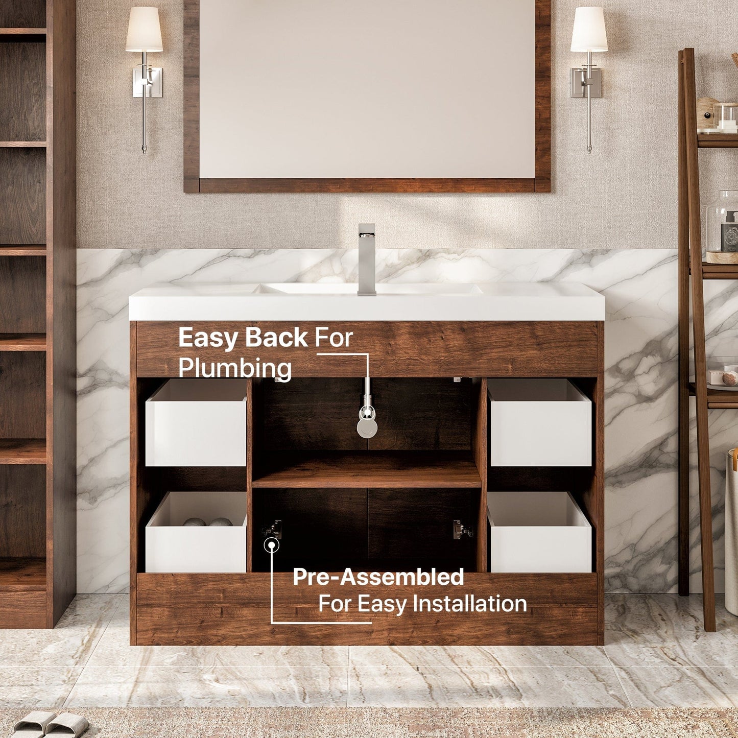 Eviva Lugano 48" Rosewood Modern Bathroom Vanity with White Integrated Top