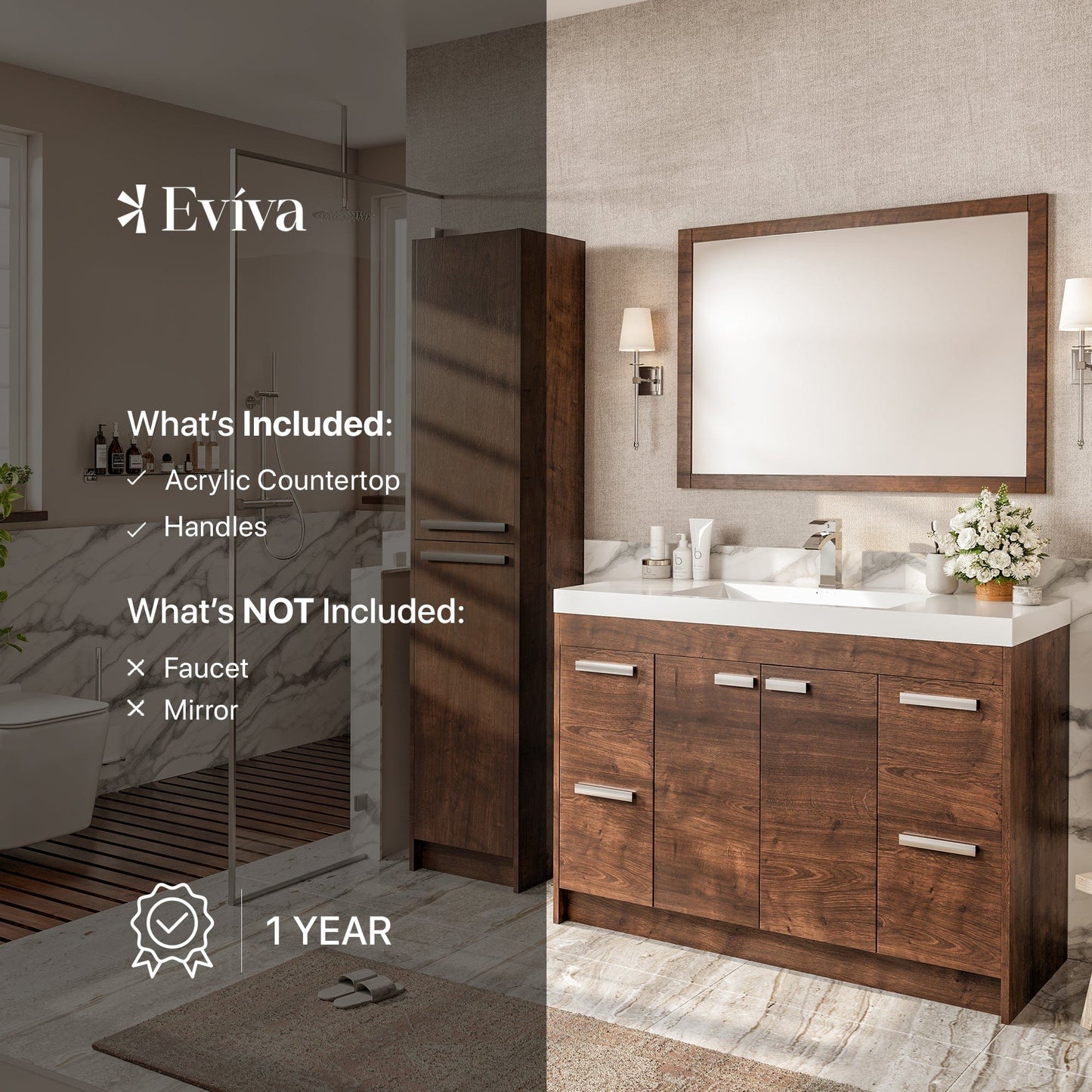 Eviva Lugano 48" Rosewood Modern Bathroom Vanity with White Integrated Top