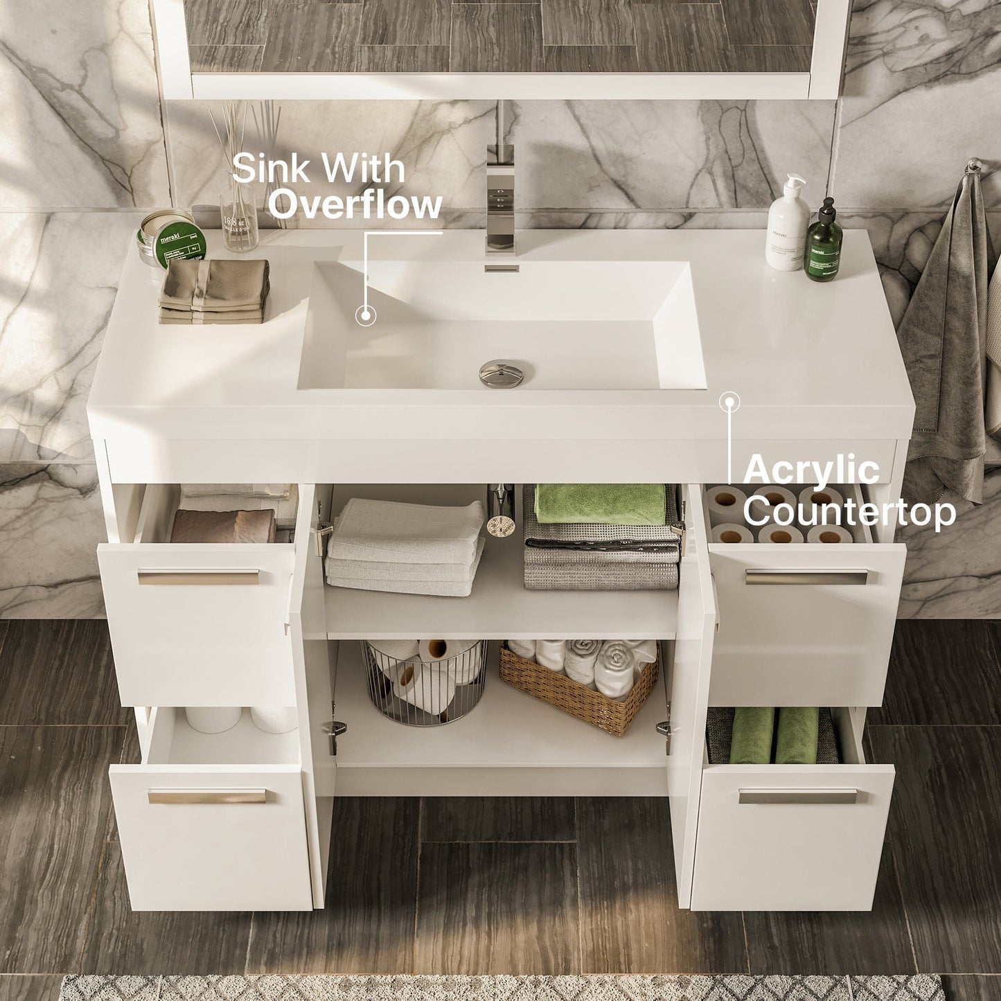 Eviva Lugano 48" White Modern Bathroom Vanity with White Integrated Top