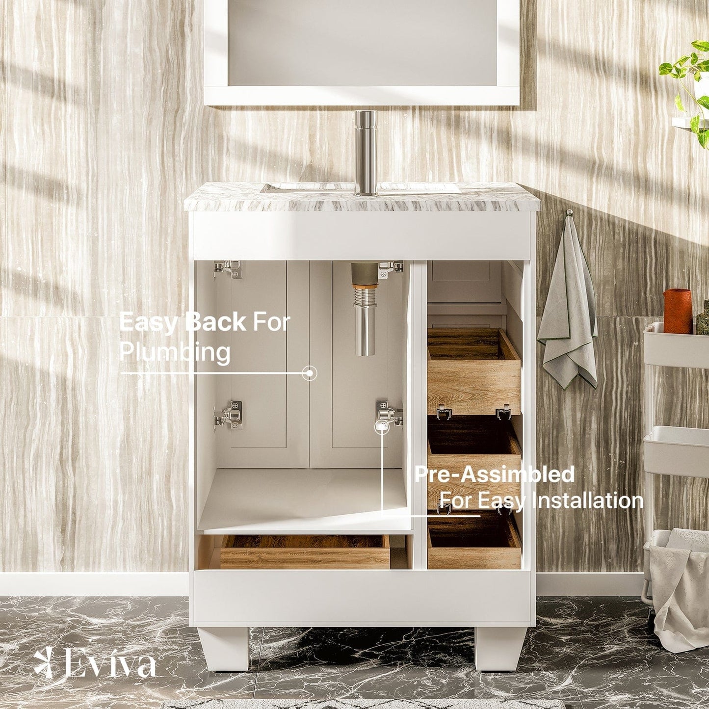 Eviva Happy 24" x 18" Transitional White Bathroom Vanity with White Carrara Marble Counter-Top