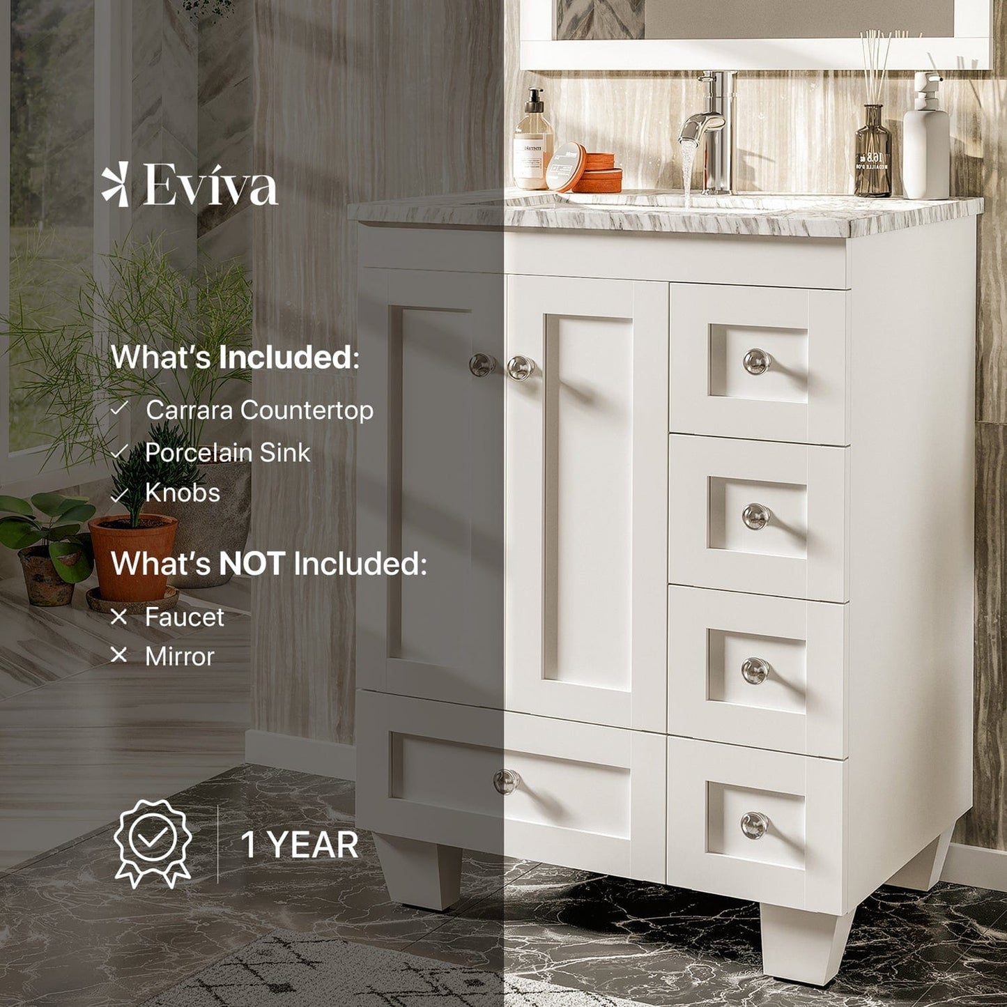 Eviva Happy 24" x 18" Transitional White Bathroom Vanity with White Carrara Marble Counter-Top