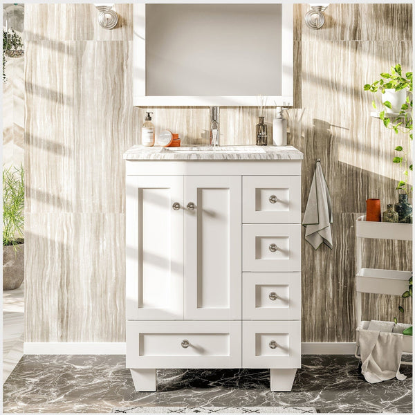 Eviva Happy 24 x 18 Transitional White Bathroom Vanity with White Carrara Marble Counter-Top