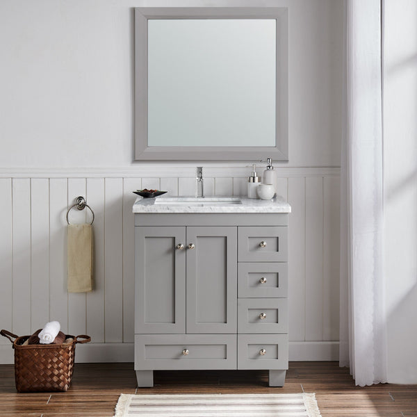 Eviva Happy 30 x 18 Transitional Grey Bathroom Vanity with White Carrera Marble Counter-Top