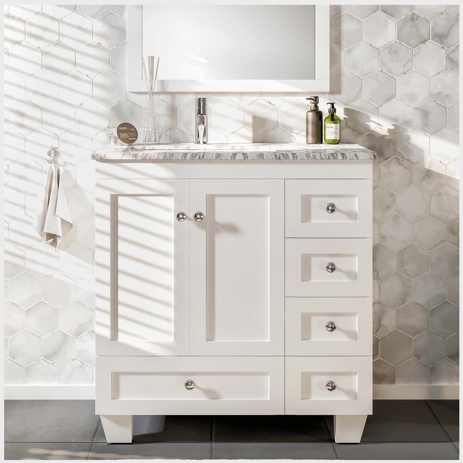 Eviva Happy 30" x 18" Transitional White Bathroom Vanity with White Carrera Marble Counter-Top
