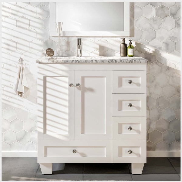 Eviva Happy 30 x 18 Transitional White Bathroom Vanity with White Carrera Marble Counter-Top