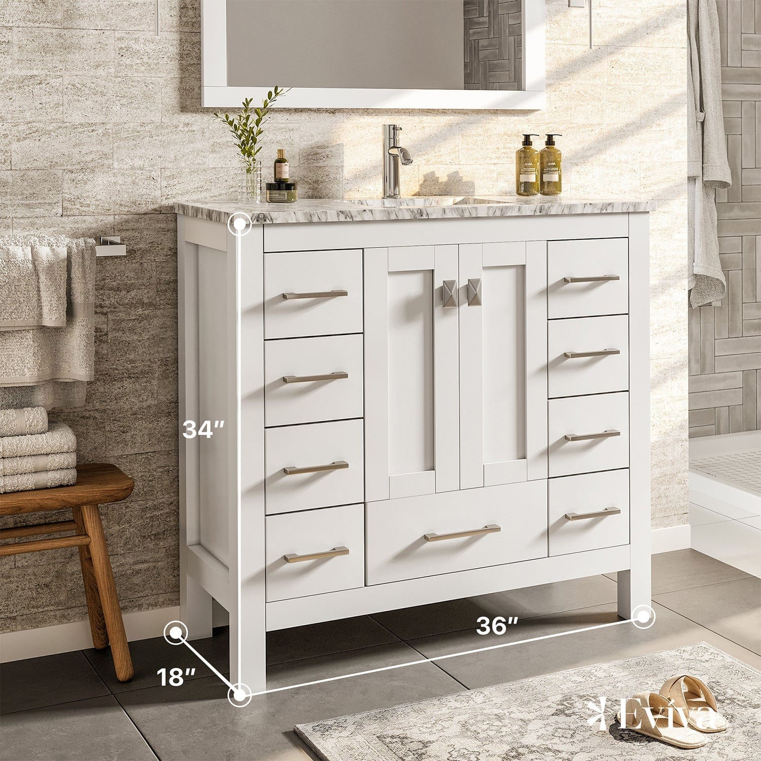 Eviva Hampton 36" x 18" White Transitional Bathroom Vanity with White Carrara Top