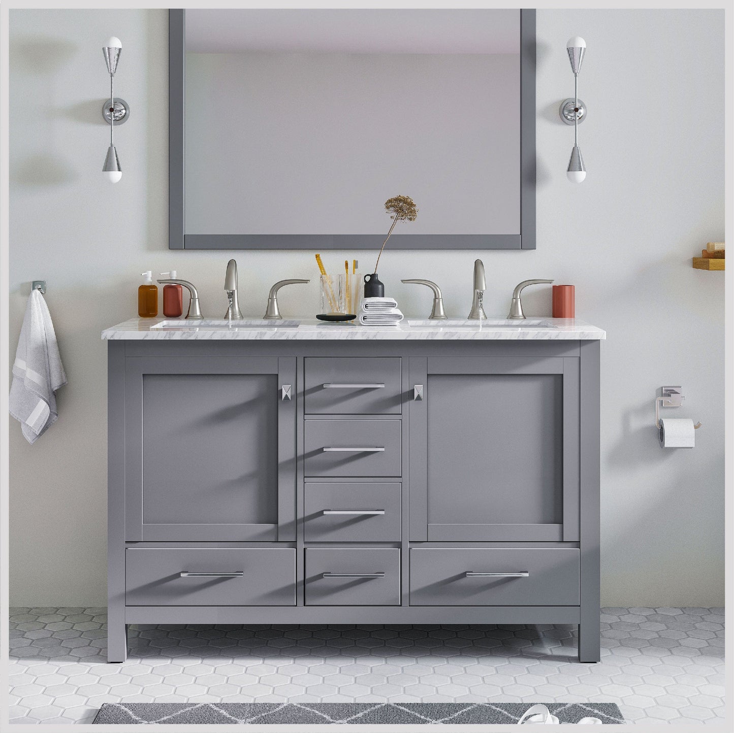 Eviva Aberdeen 48" Gray Transitional Double Sink Bathroom Vanity with White Carrara Top