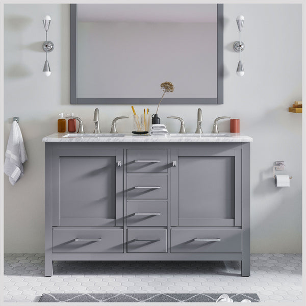 Eviva Aberdeen 48 Gray Transitional Double Sink Bathroom Vanity with White Carrara Top