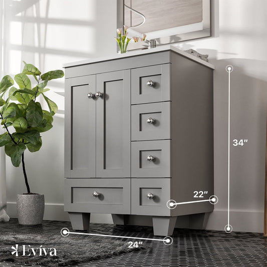Eviva Acclaim 24" Gray Transitional Bathroom Vanity with White Quartz Top
