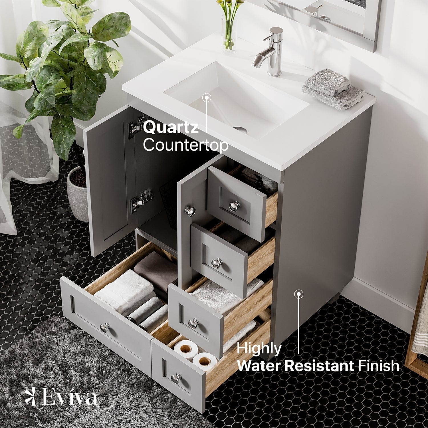 Eviva Acclaim 24" Gray Transitional Bathroom Vanity with White Quartz Top
