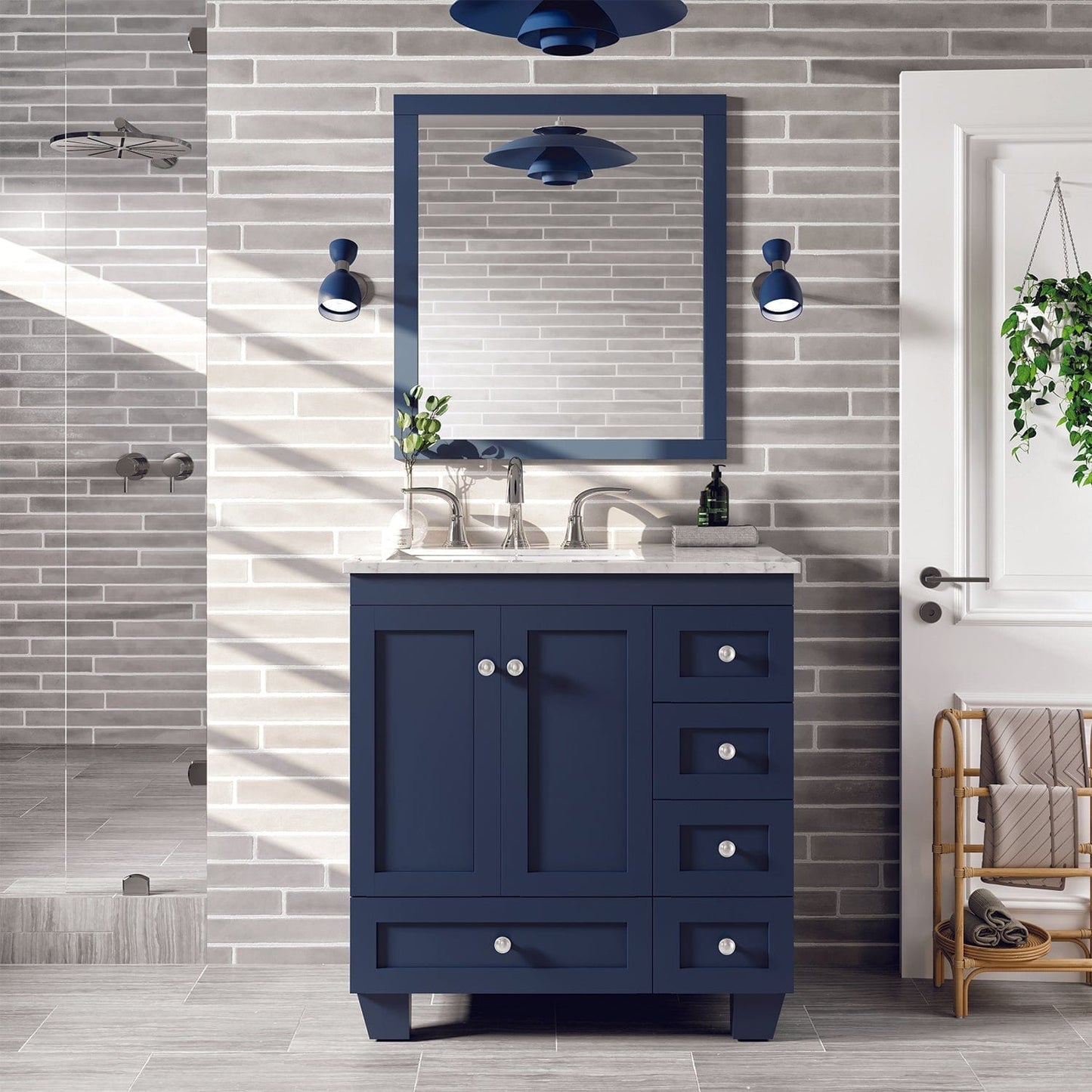 Eviva Acclaim 30" Blue Transitional Bathroom Vanity with White Carrara Top