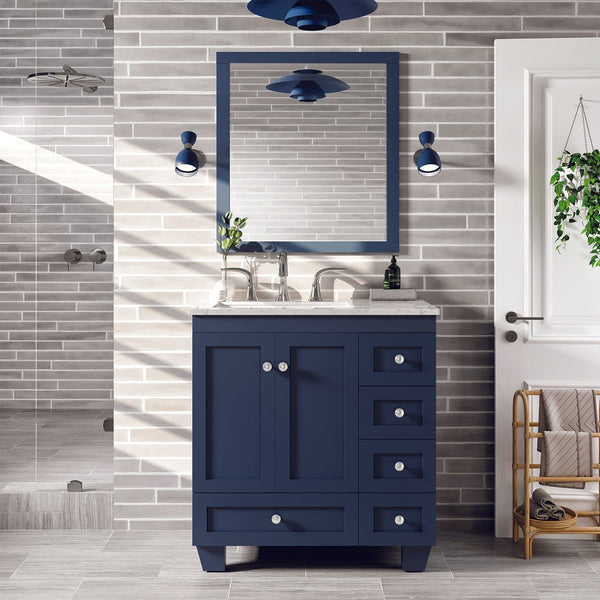 Eviva Acclaim 30 Blue Transitional Bathroom Vanity with White Carrara Top