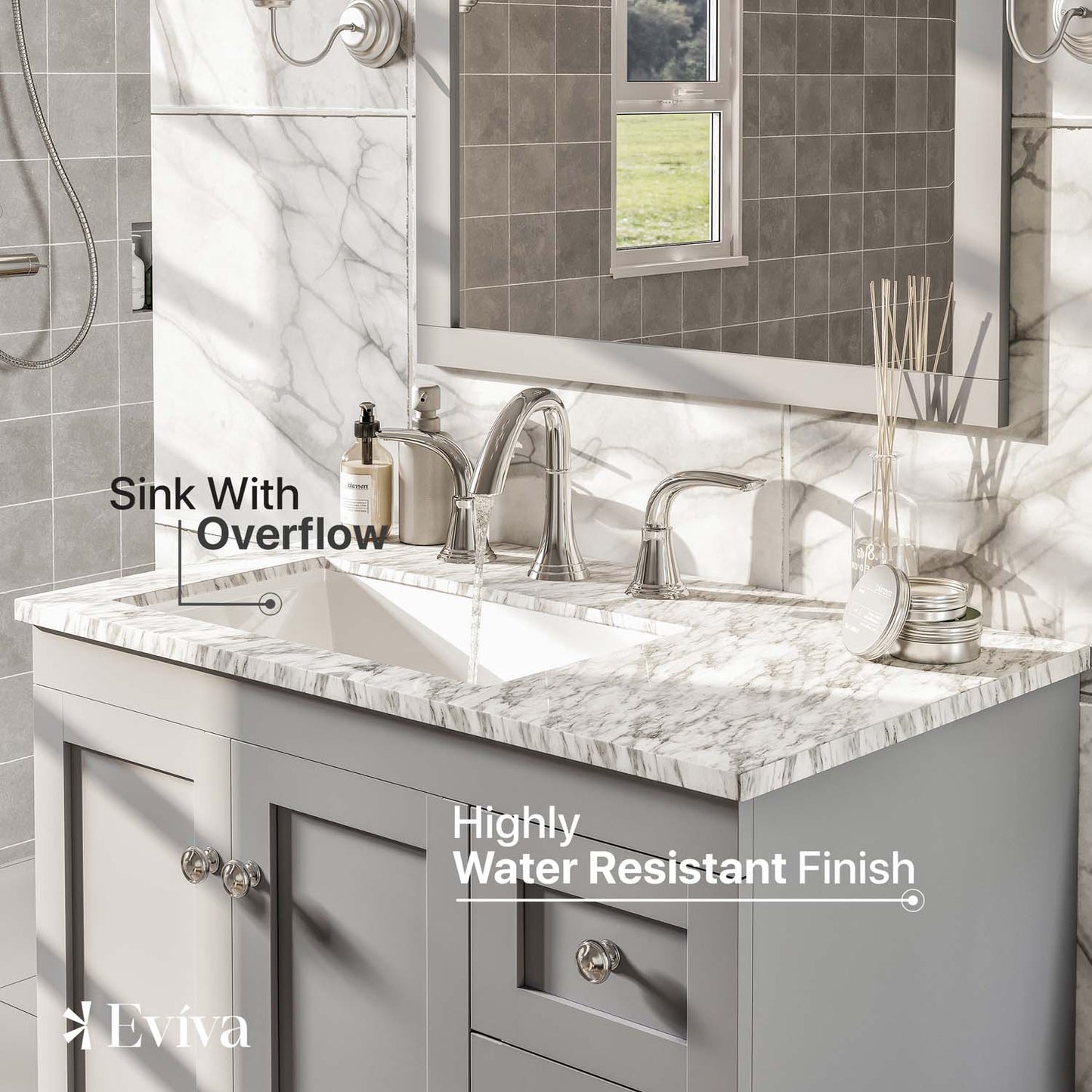 Eviva Acclaim C 30" Transitional Grey Bathroom Vanity with White Carrera Marble Counter-Top